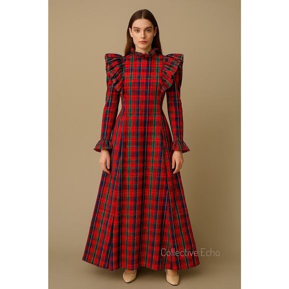 Vintage 80s Handmade Taffeta Maxi Dress Tartan Plaid Ruffle Victorian Revival - Picture 1 of 11